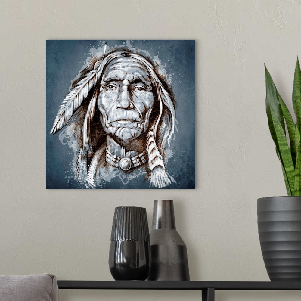 A modern room featuring Sketch of tattoo art, portrait of american indian head