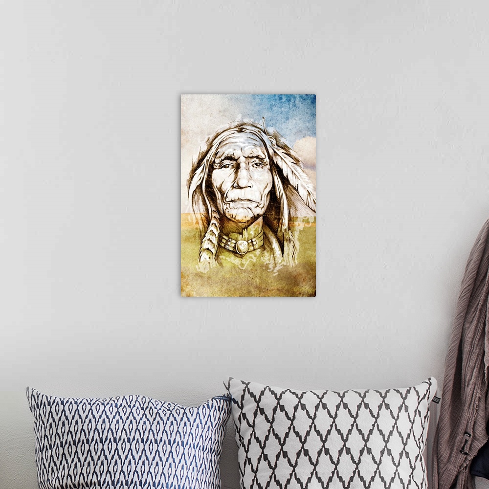 A bohemian room featuring Sketch of tattoo art, indian head over field background