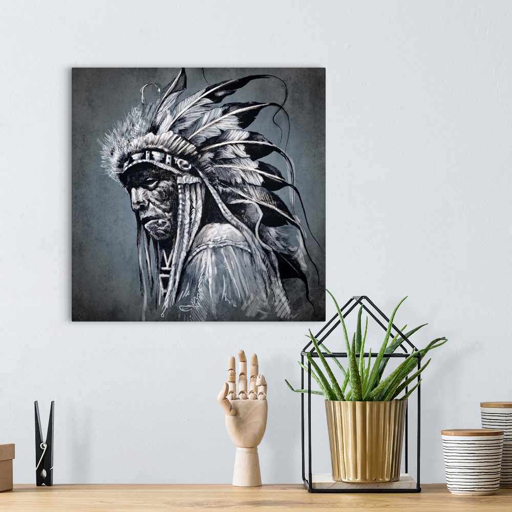 A bohemian room featuring Tattoo art, portrait of american indian head over dark background