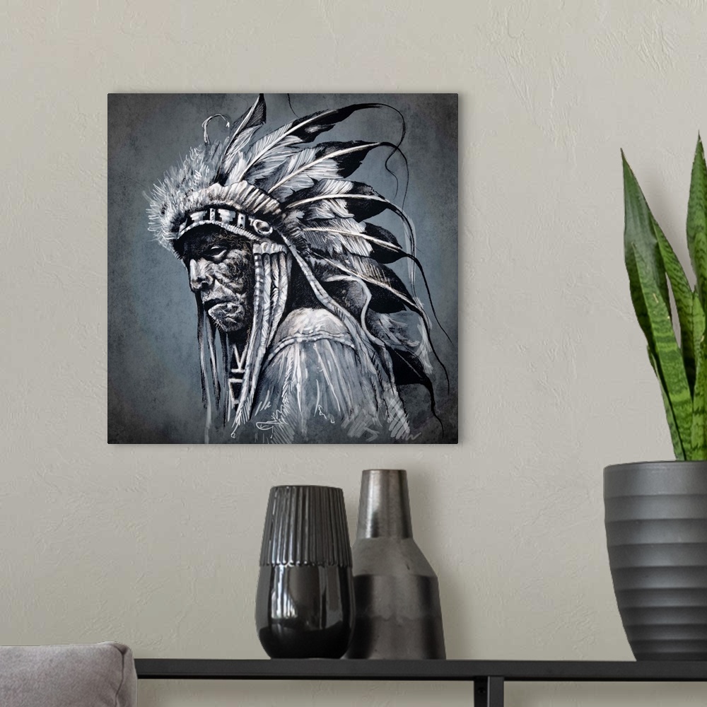 A modern room featuring Tattoo art, portrait of american indian head over dark background