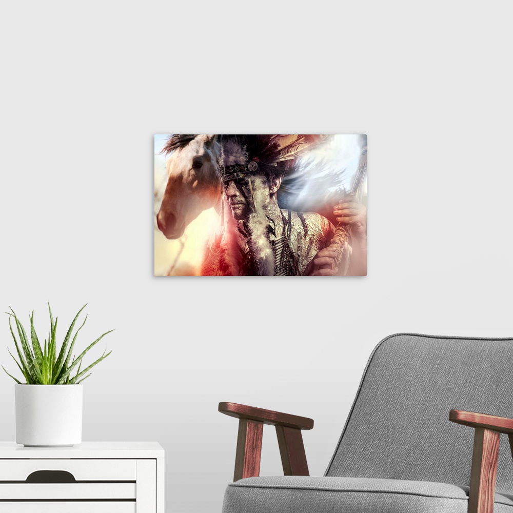A modern room featuring American Indian warrior, chief of the tribe. man with feather headdress and tomahawk, horse