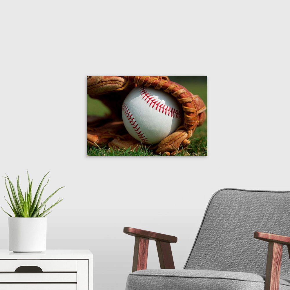 A modern room featuring New Baseball in a Glove in the Outfield.