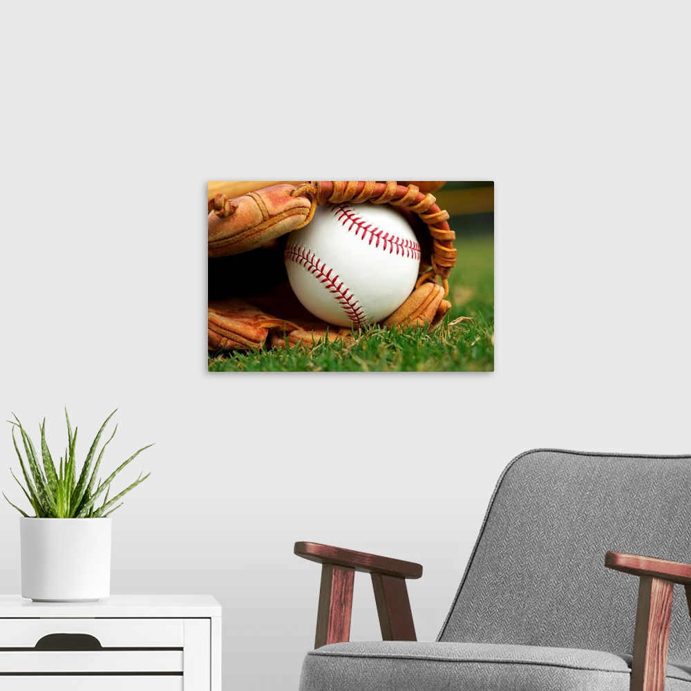 A modern room featuring New Baseball in a Glove in the Outfield.