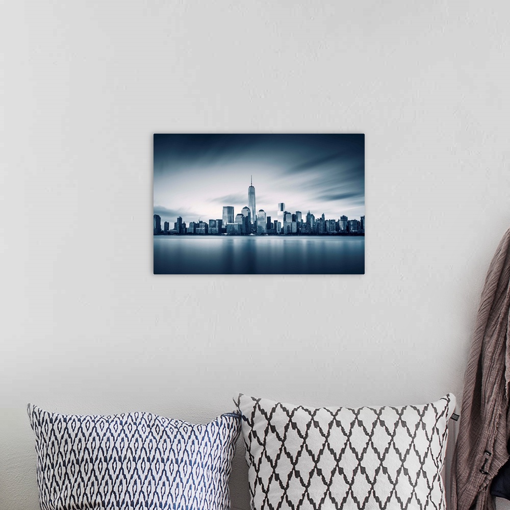 A bohemian room featuring New York City Lower Manhattan with new One World Trade Center.