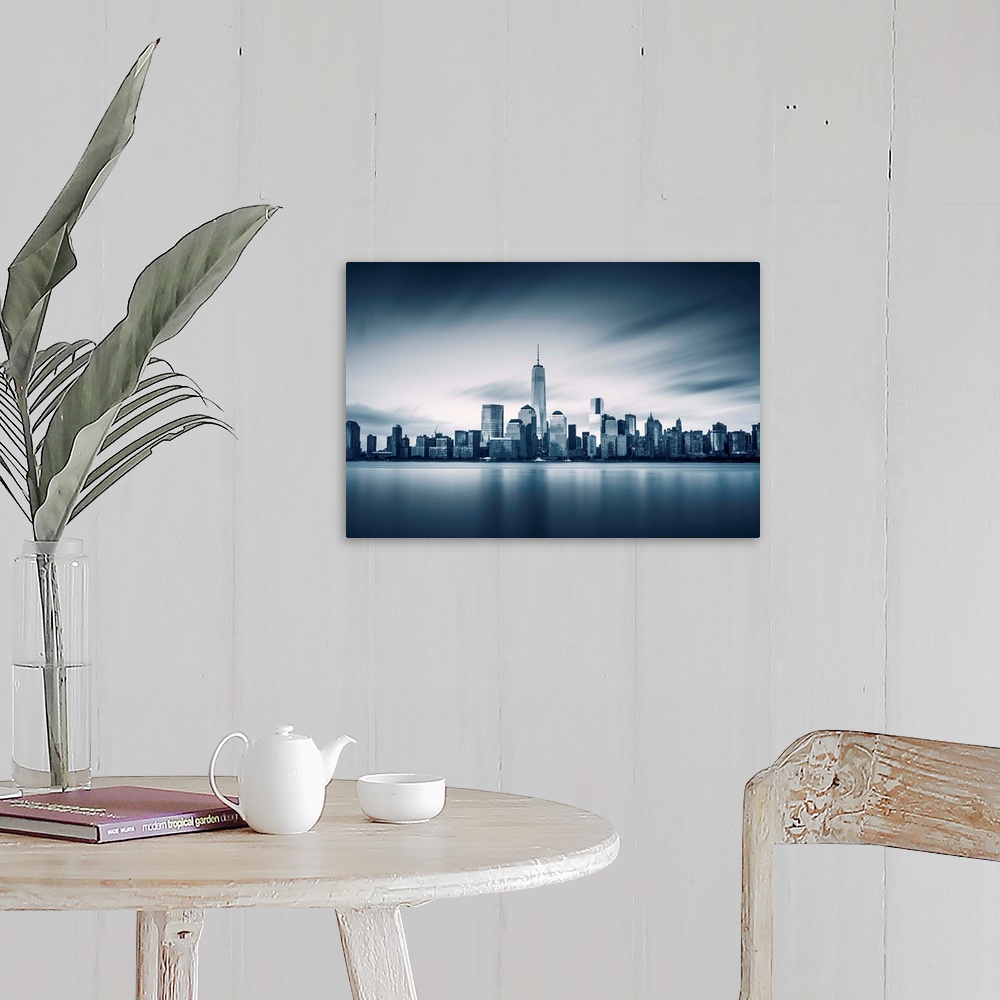 A farmhouse room featuring New York City Lower Manhattan with new One World Trade Center.