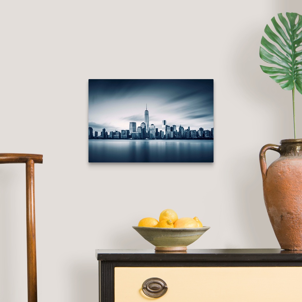 A traditional room featuring New York City Lower Manhattan with new One World Trade Center.