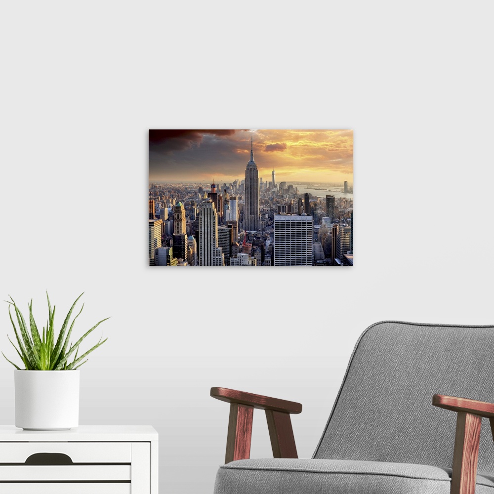 A modern room featuring New York Skyline At Sunset