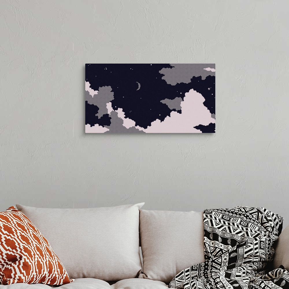 A bohemian room featuring Night sky and clouds with moon and stars, pixels art blank background illustration design, simple...