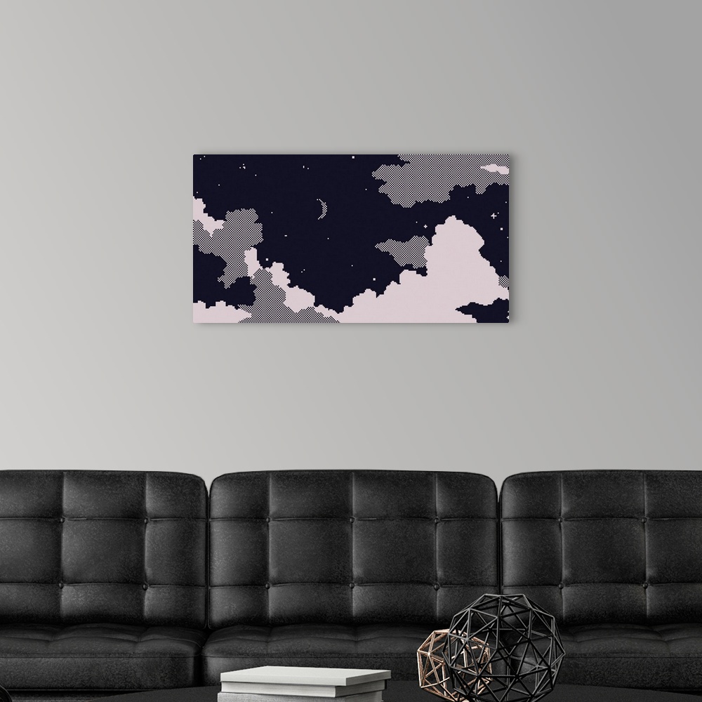 A modern room featuring Night sky and clouds with moon and stars, pixels art blank background illustration design, simple...