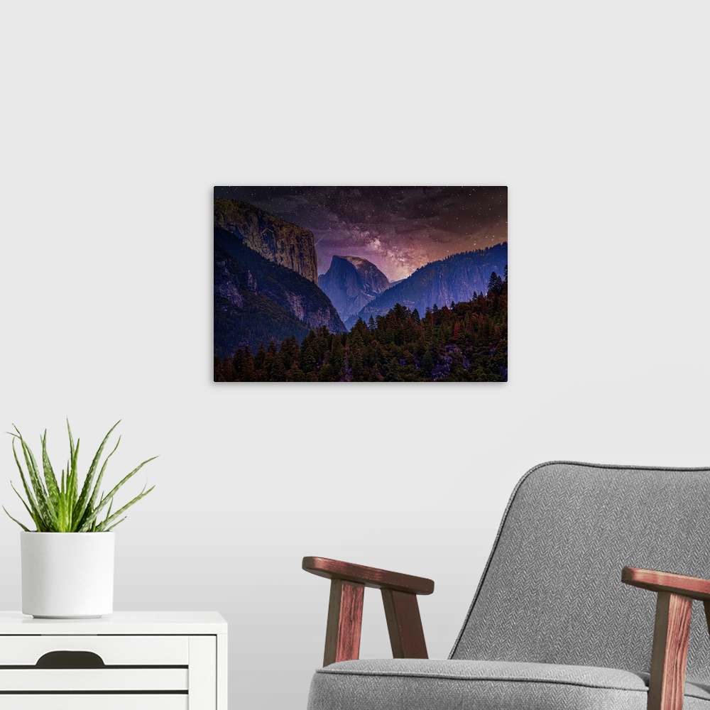 A modern room featuring Night Sky With Yosemite National Park And Trees