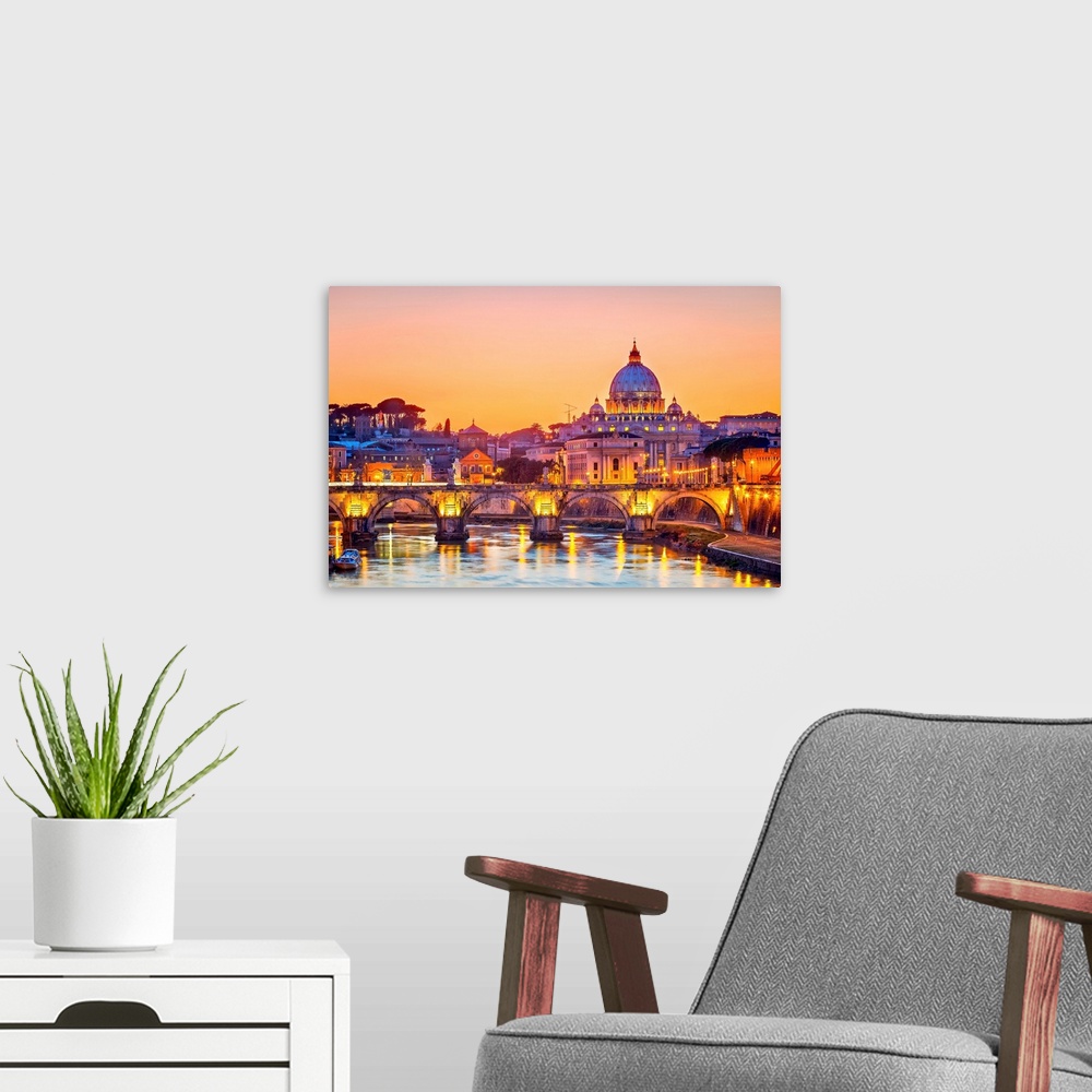A modern room featuring Night view of St. Peter's Cathedral in Rome, Italy