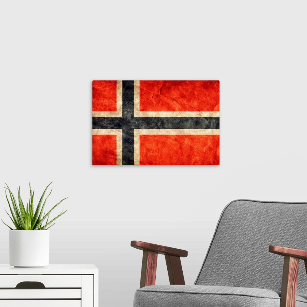 A modern room featuring Norway flag in a grunge style.