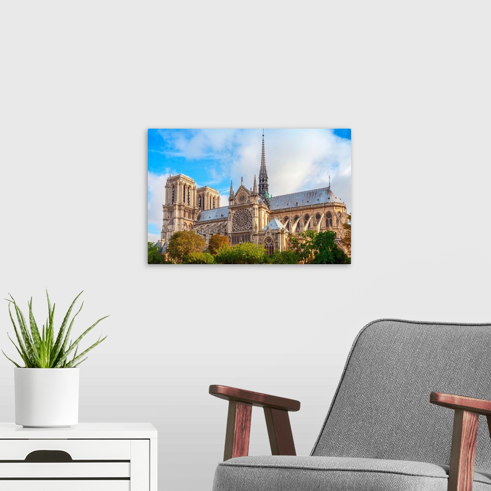 A modern room featuring Notre Dame de Paris cathedral France. The most popular city landmark.