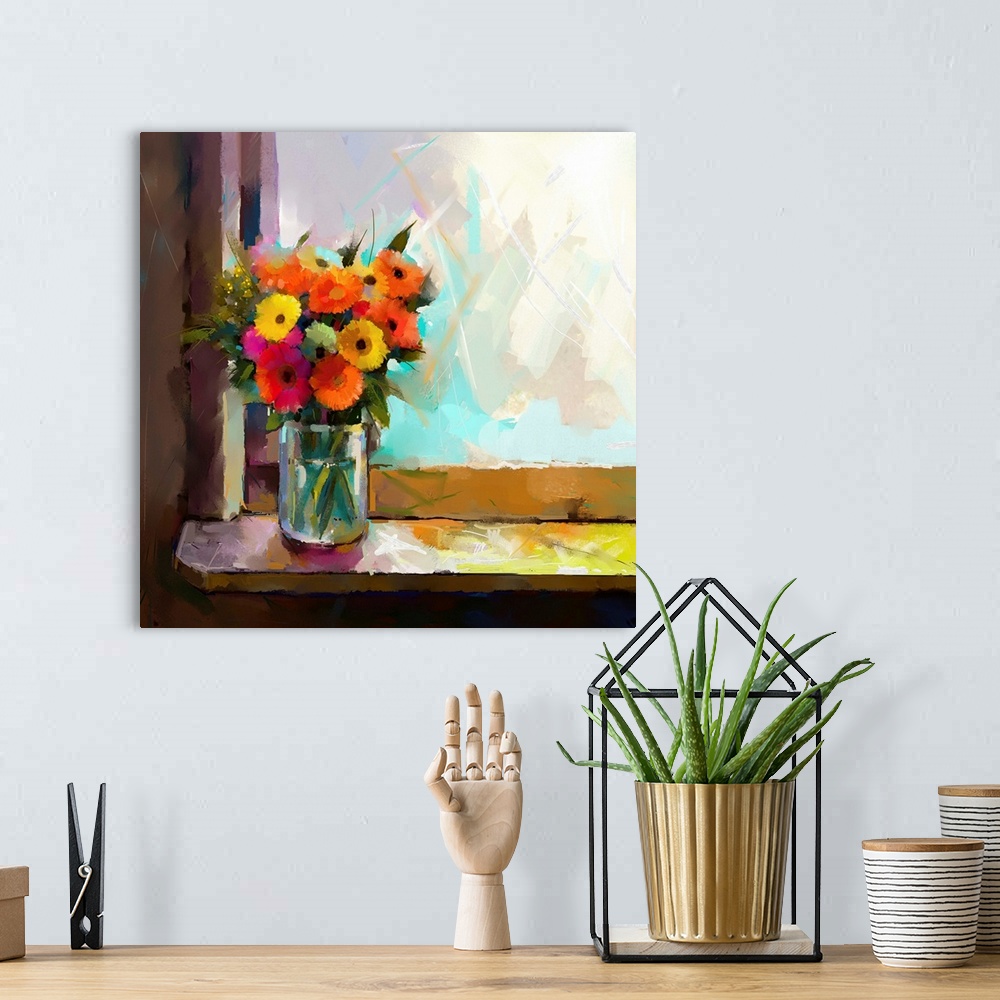 A bohemian room featuring Oil painting of a flowers in a glass vase on a window sill.