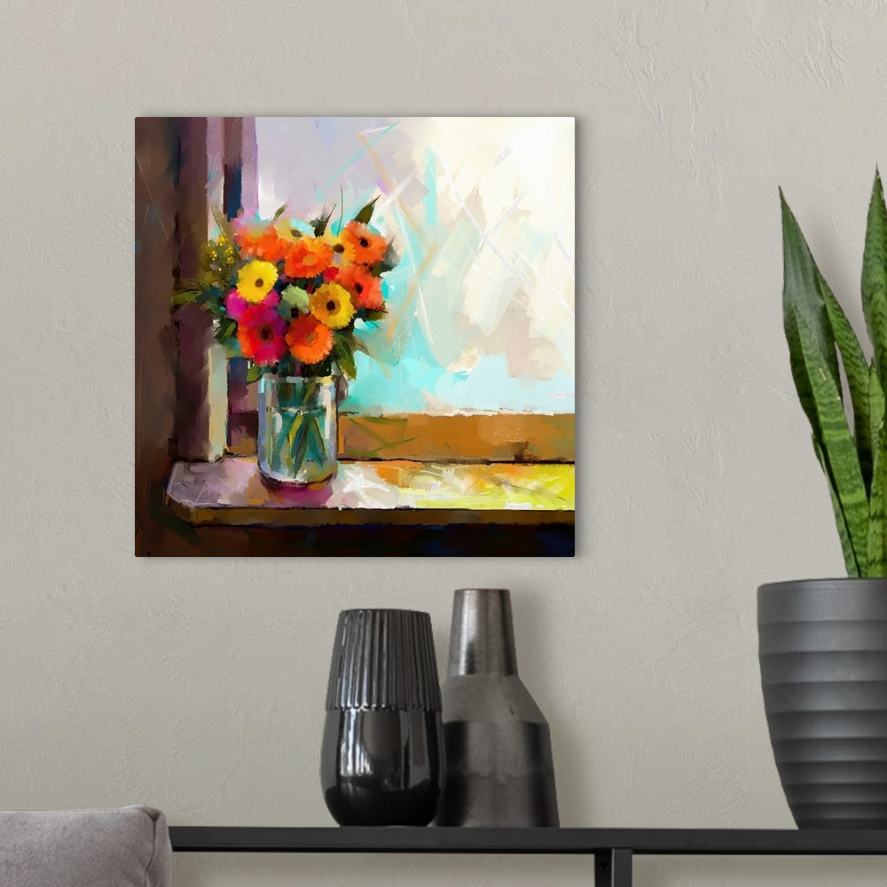 A modern room featuring Oil painting of a flowers in a glass vase on a window sill.
