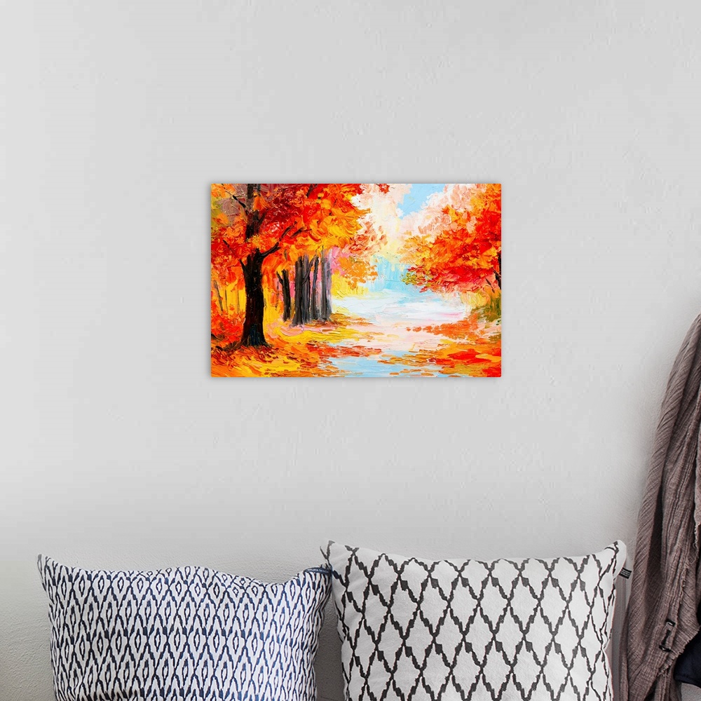 A bohemian room featuring Oil painting of a landscape in autumn foliage.