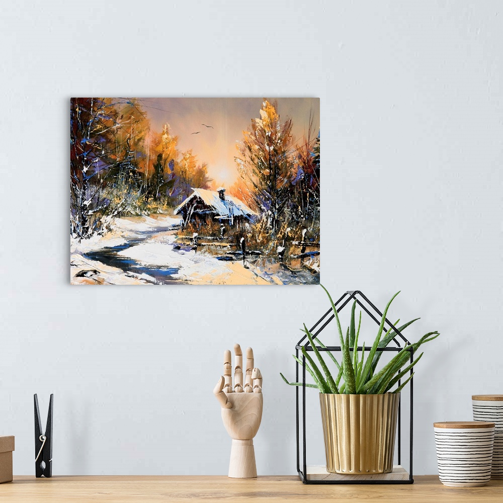 A bohemian room featuring Oil painting of rural winter landscape
