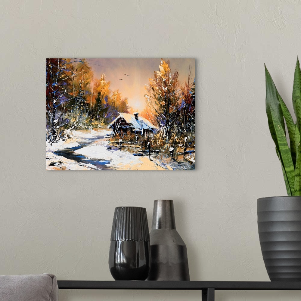 A modern room featuring Oil painting of rural winter landscape