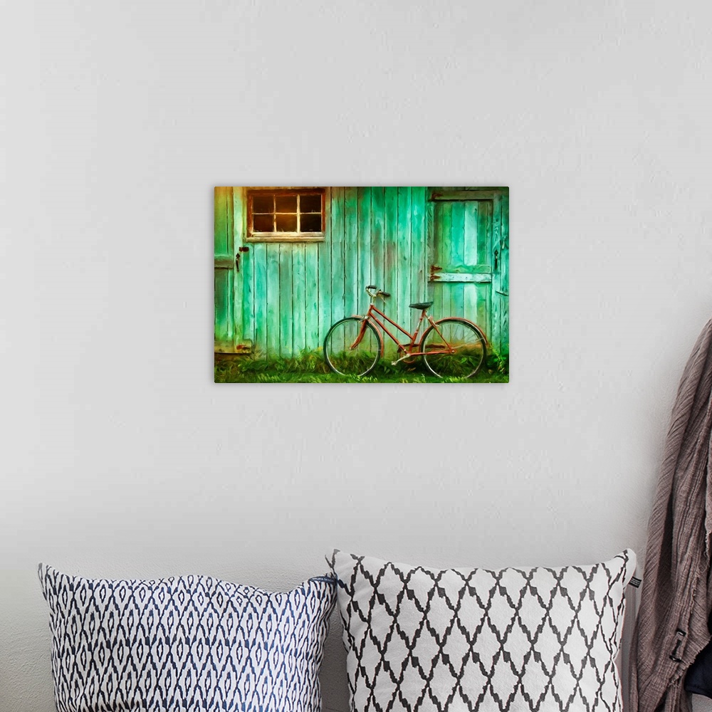 A bohemian room featuring Digital Painting Of Old Bicycle  Against  Barn