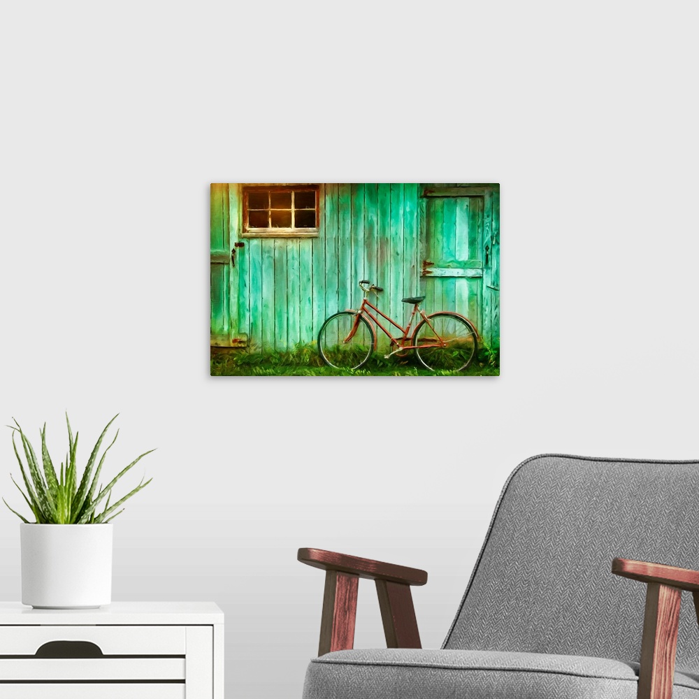 A modern room featuring Digital Painting Of Old Bicycle  Against  Barn