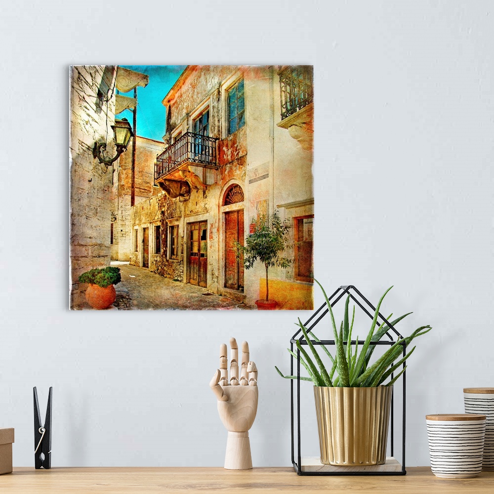 A bohemian room featuring old pictorial streets of Greece - artistic picture