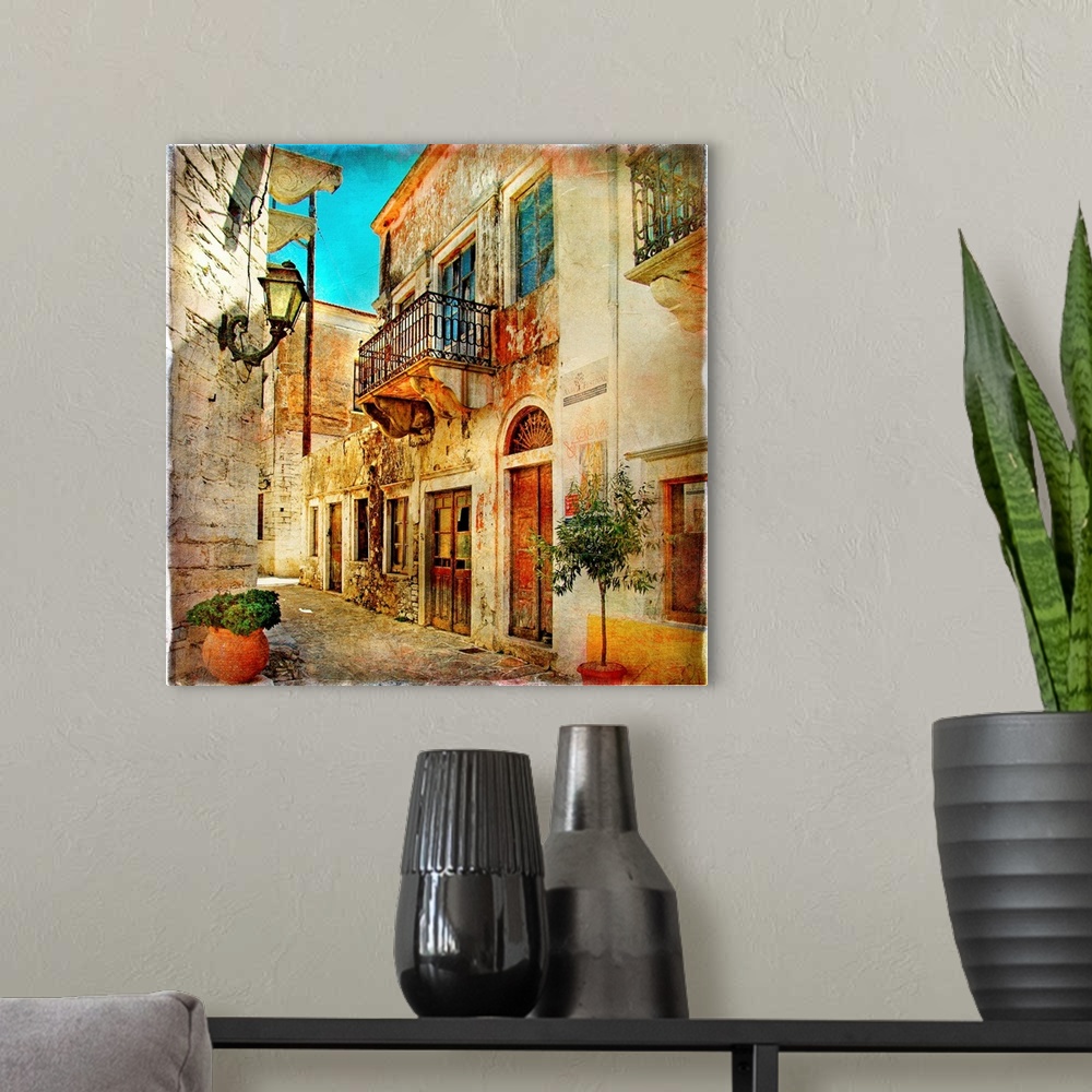 A modern room featuring old pictorial streets of Greece - artistic picture