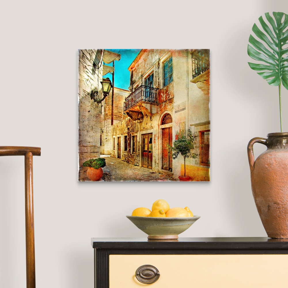 A traditional room featuring old pictorial streets of Greece - artistic picture