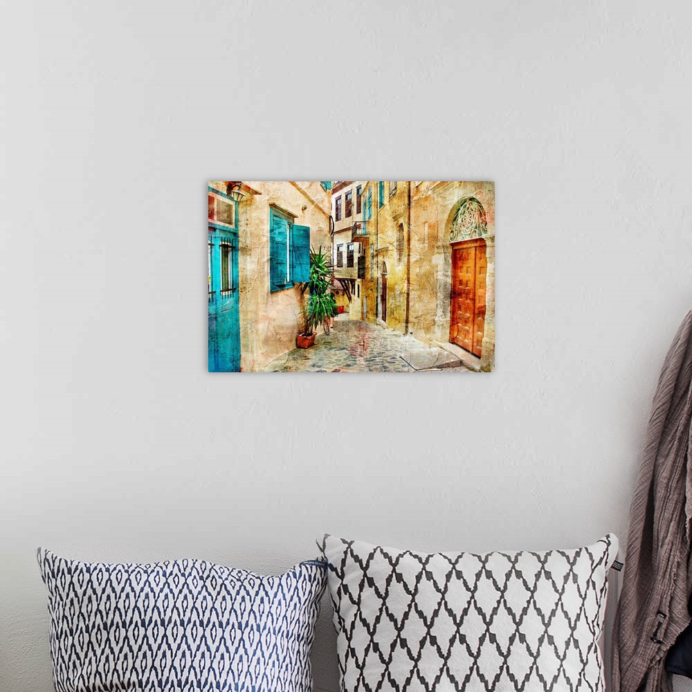 A bohemian room featuring pictorial old streets of Greece - picture in painting style