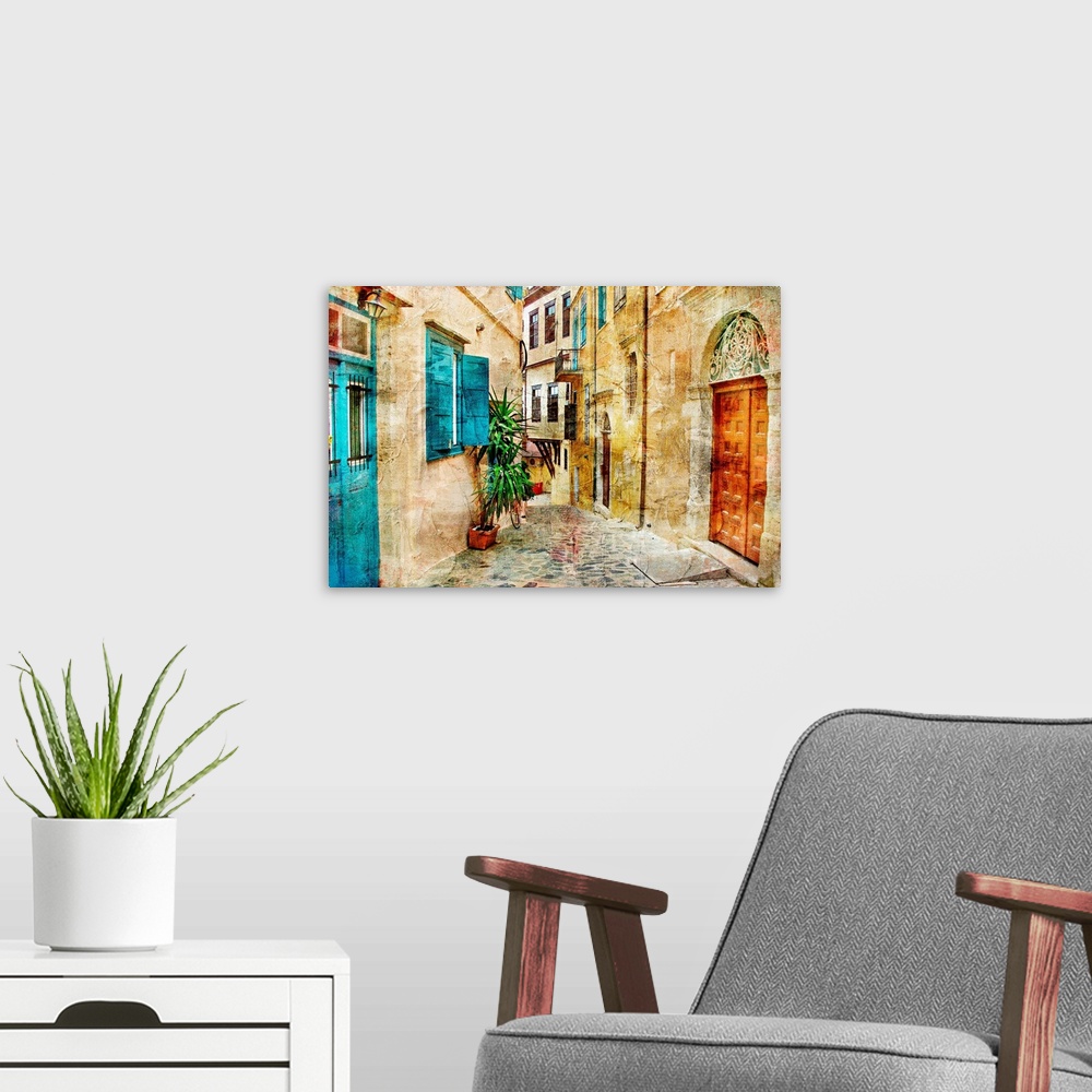 A modern room featuring pictorial old streets of Greece - picture in painting style