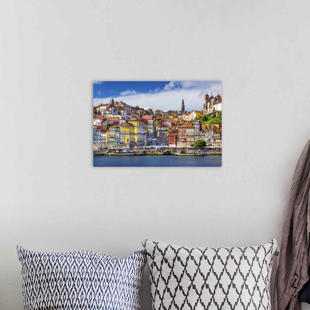 A bohemian room featuring Porto, Portugal old town skyline from across the Douro River.