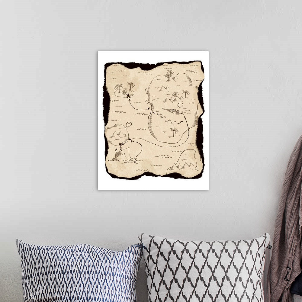 A bohemian room featuring Old treasure map with burned edges. On white background, vector illustration.