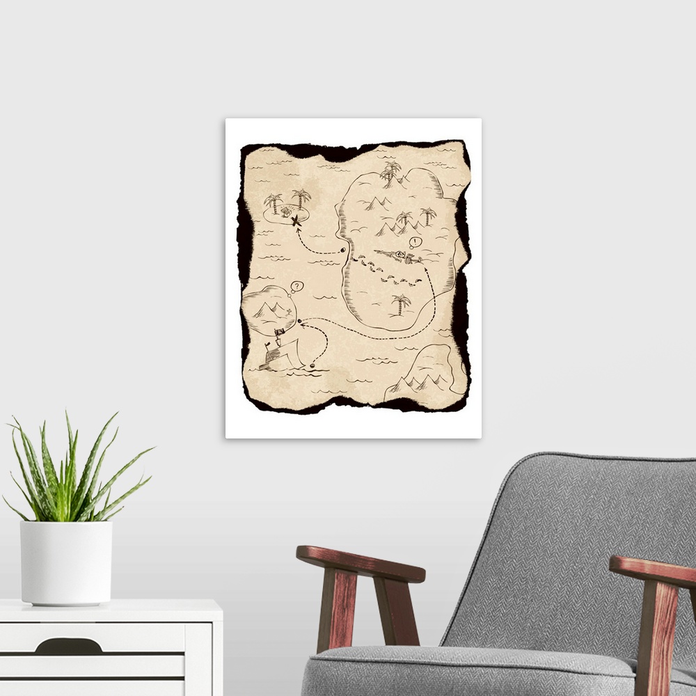 A modern room featuring Old treasure map with burned edges. On white background, vector illustration.