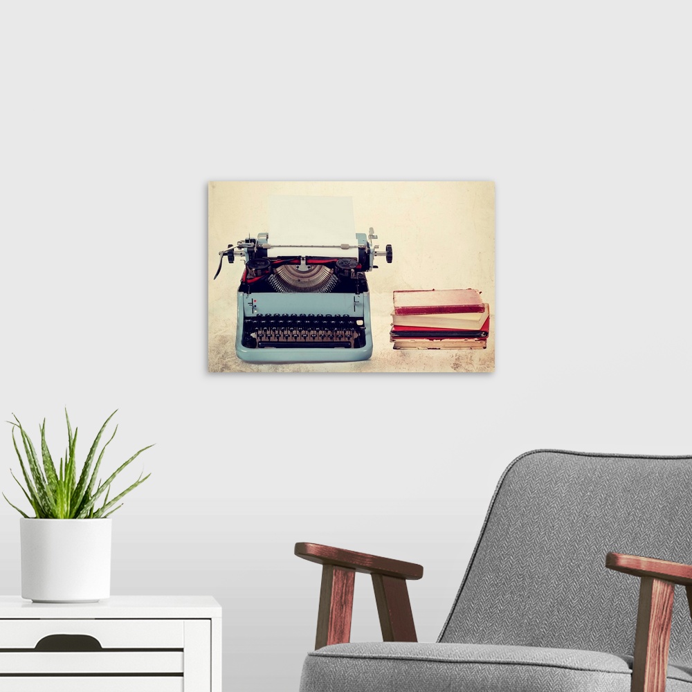 A modern room featuring Old Typewriter With Books Retro Colors On The Desk