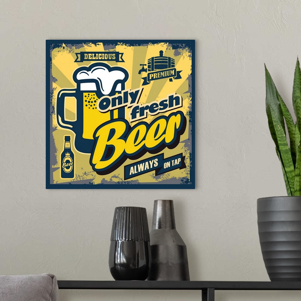 A modern room featuring vintage beer sign