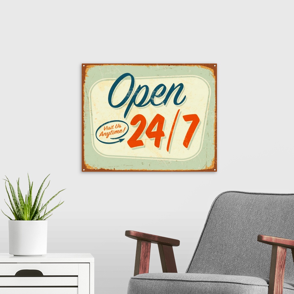 A modern room featuring Vintage metal sign - Open 24/7 - Vector EPS10. Grunge effects can be removed.