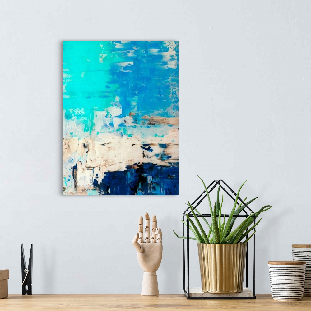 A bohemian room featuring Modern blue and beige abstract painting with simple lines and texture.