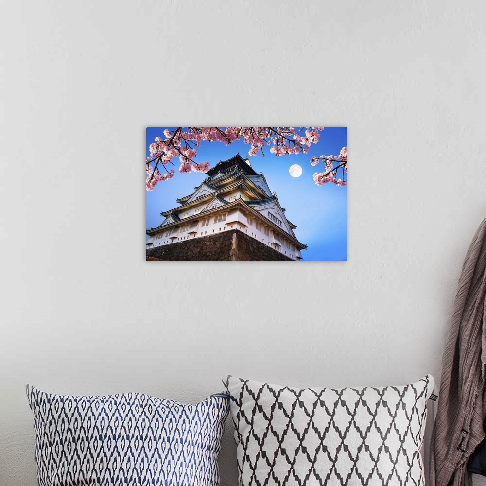A bohemian room featuring Osaka Castle With Cherry Blossoms And Moon, Japan