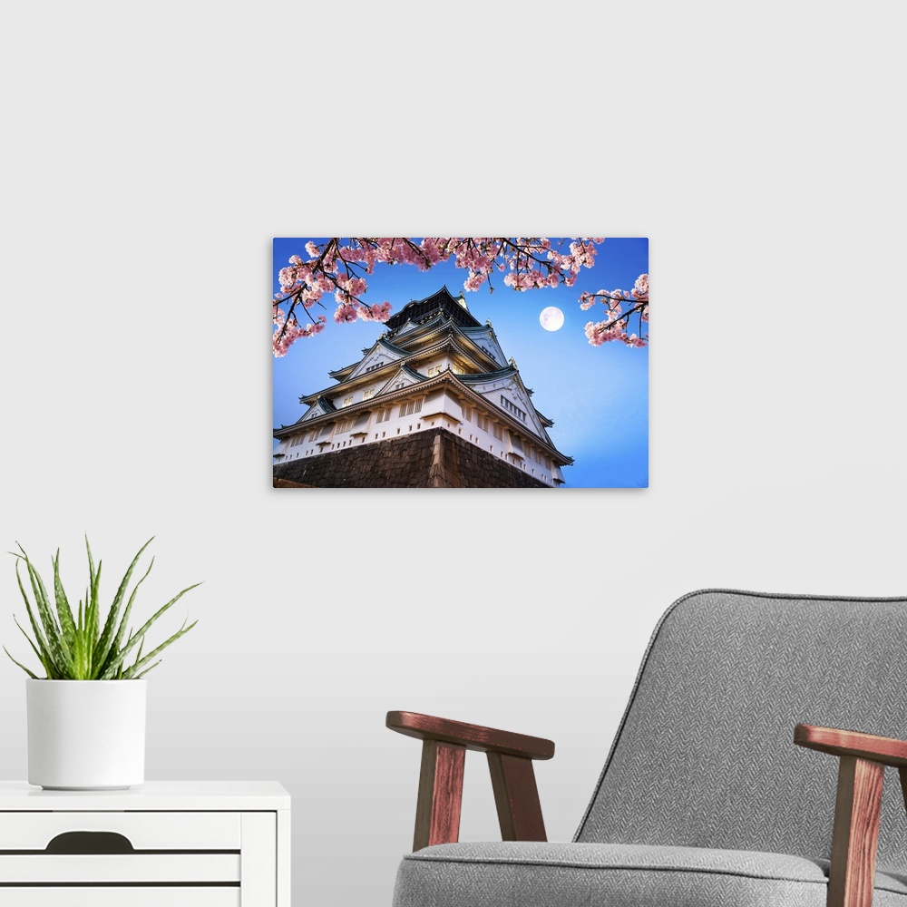 A modern room featuring Osaka Castle With Cherry Blossoms And Moon, Japan