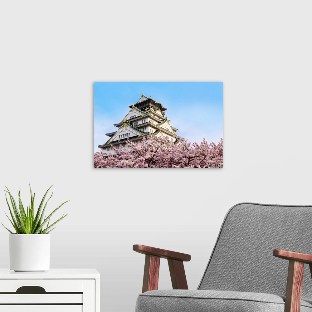 A modern room featuring Osaka Castle With Cherry Blossoms, Japan