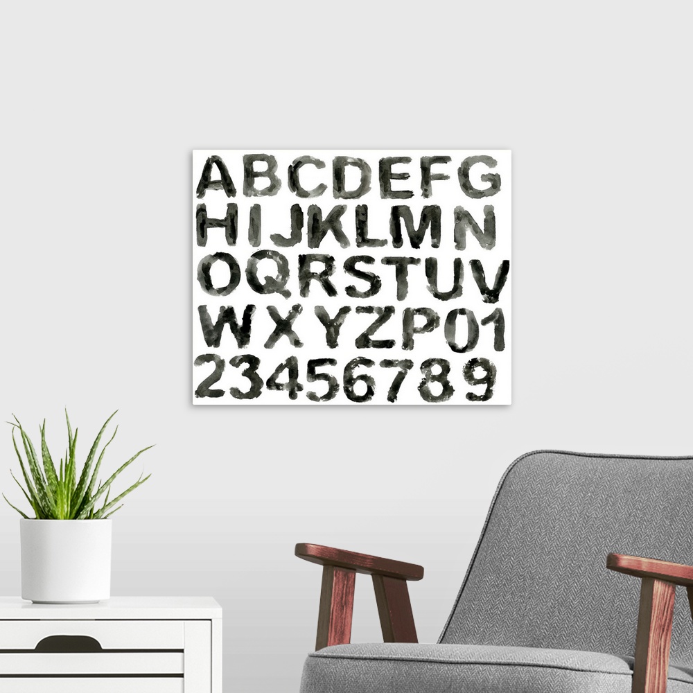 A modern room featuring Painted watercolor alphabet, isolated.