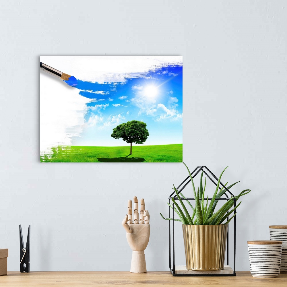 A bohemian room featuring summer nature picture with a brush
