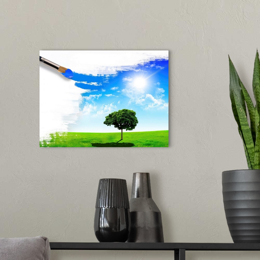 A modern room featuring summer nature picture with a brush