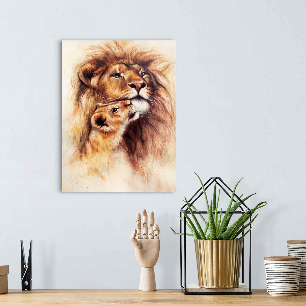A bohemian room featuring An airbrush painting of a loving lion and cub.