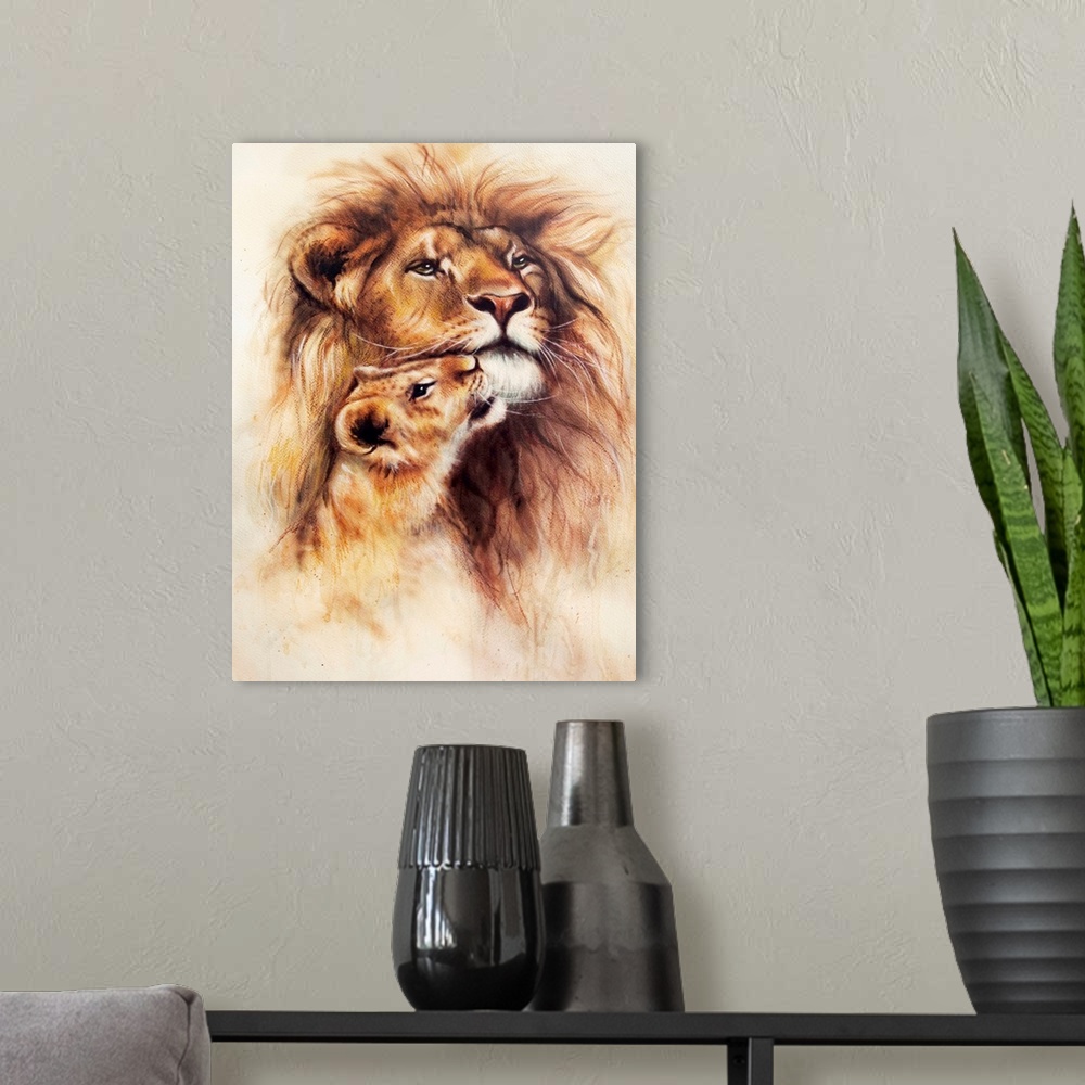 A modern room featuring An airbrush painting of a loving lion and cub.