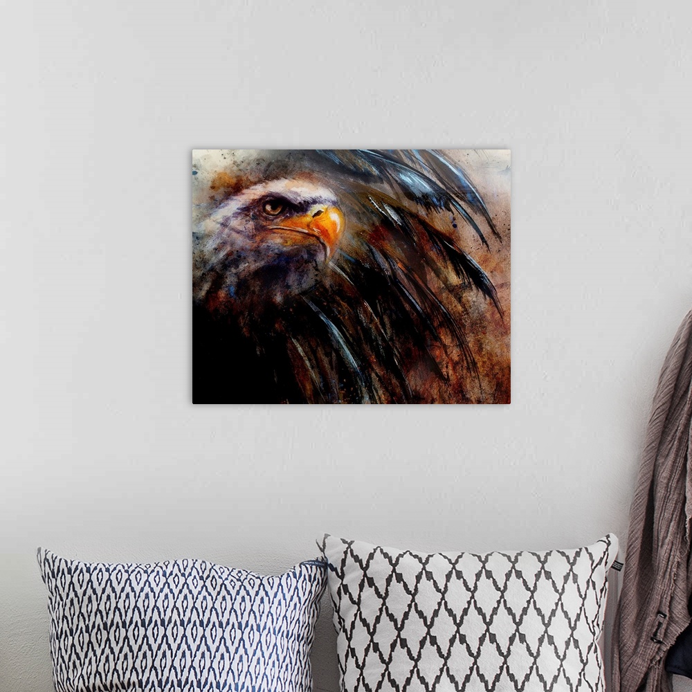A bohemian room featuring Painting of an Eagle on an Abstract Background.