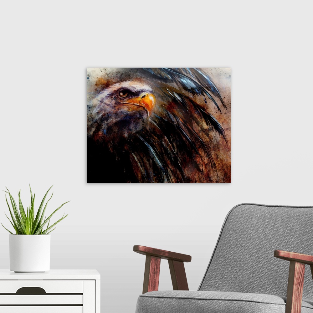 A modern room featuring Painting of an Eagle on an Abstract Background.