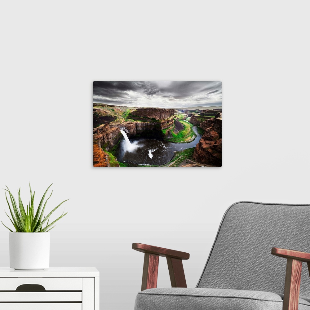A modern room featuring Palouse Falls in Washington State.