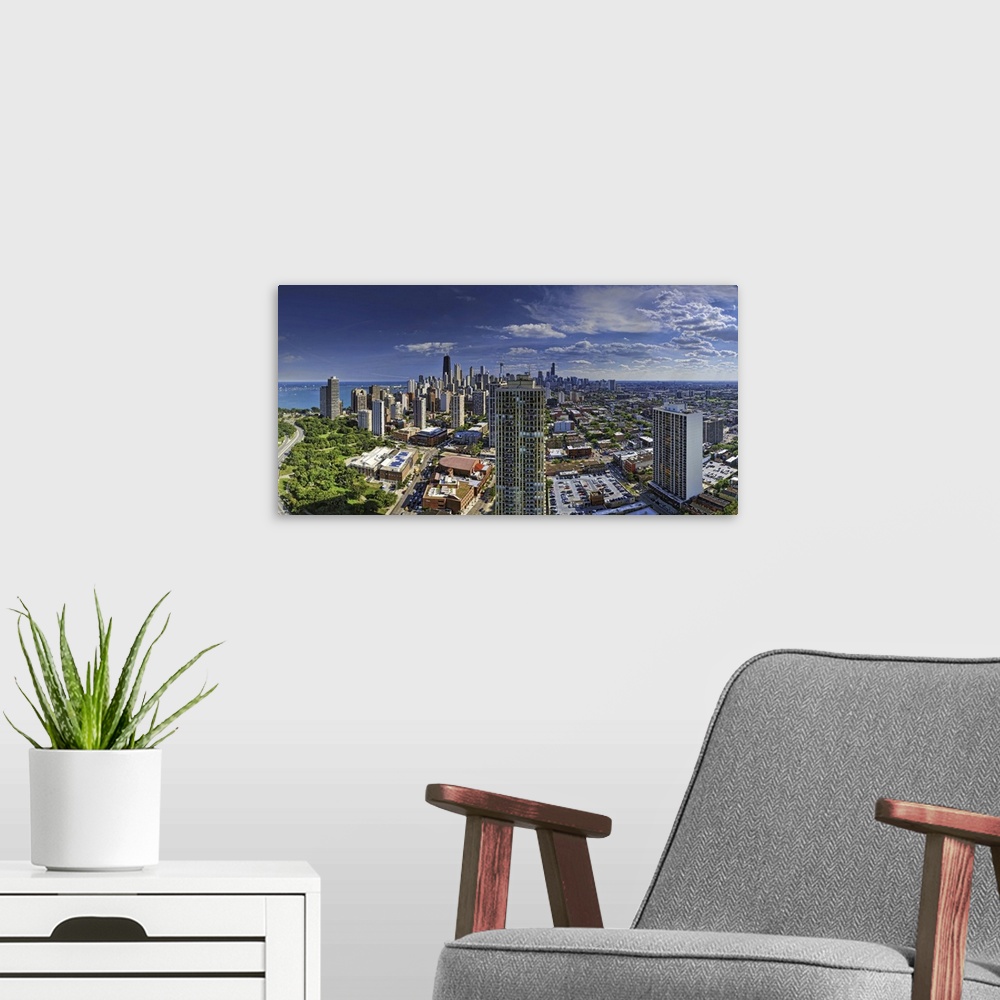 A modern room featuring Panorama Of North Chicago And The Navy Pier From Lincoln Park
