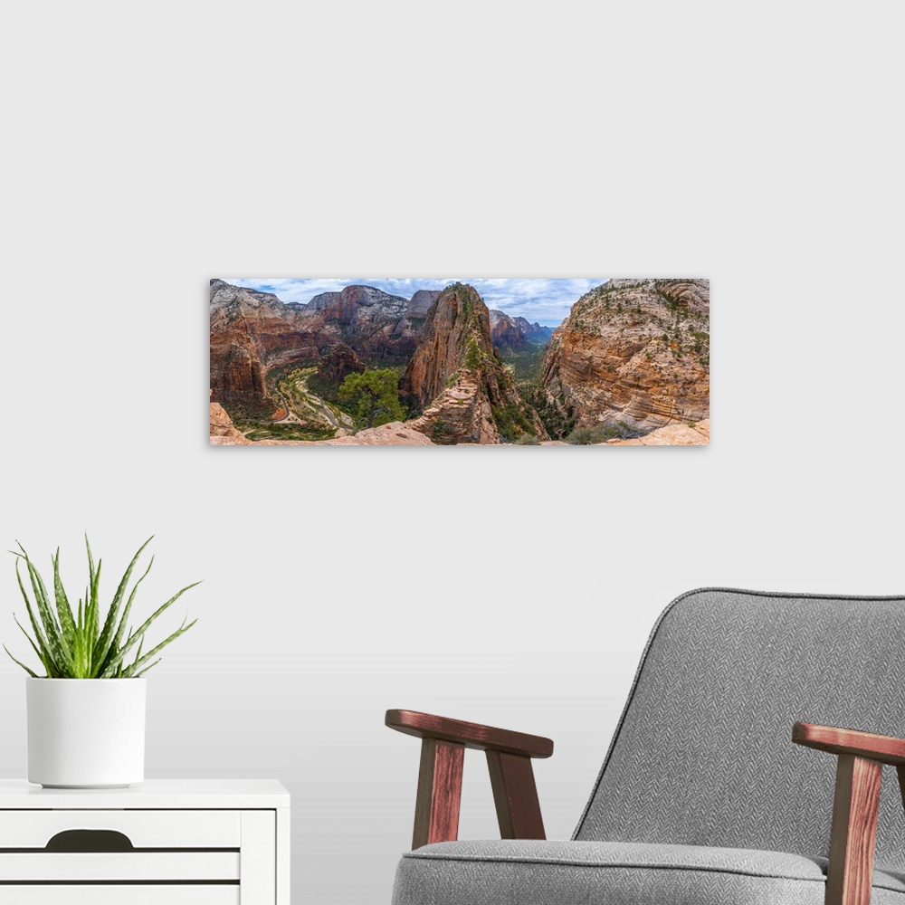 A modern room featuring Panoramic Of Zion Canyon Seen From The Angels Landing Trail, Zion National Park, Utah