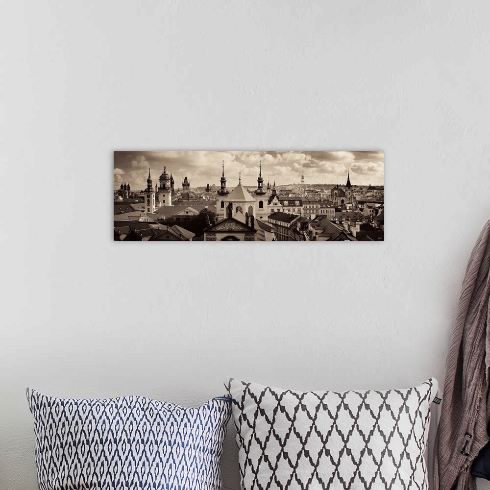 A bohemian room featuring Panoramic Rooftop View Of Prague Skyline With Historical Buildings In Czech Republic